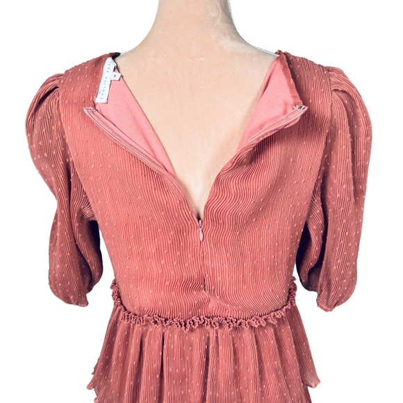 English Factory Pleated Tiered Midi Dress Mauve Puff Sleeve Ruffle Sz M Peasant - Picture 9 of 16